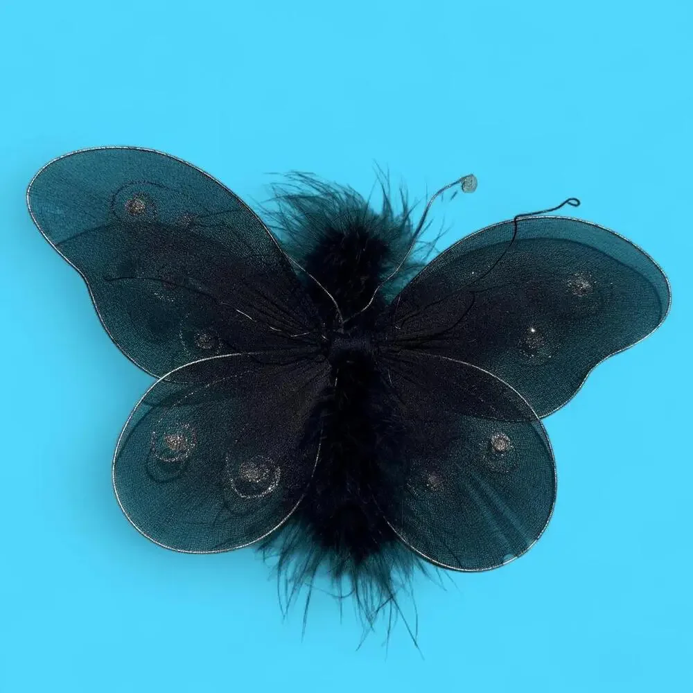 60s nylon black butterfly fascinator w/ fuzzy feather body